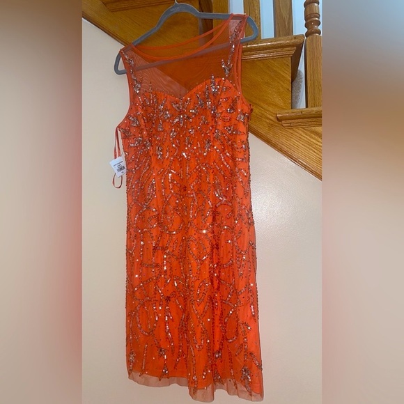 Women’s Formal Dress Size 12 MARINA Orange Beaded Midi Cocktail Party Gown NEW - Picture 3 of 13